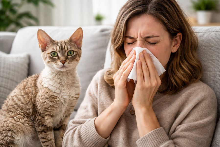 Person med allergisymptom som nyser bredvid en Rex-katt med lockig päls i hemmiljö, som illustrerar kattallergi och frågan om Rex-katter kan vara mer allergivänliga.